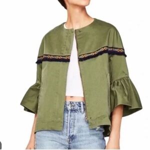 Zara Olive Green Women's Jacket with Ruffle Sleeves